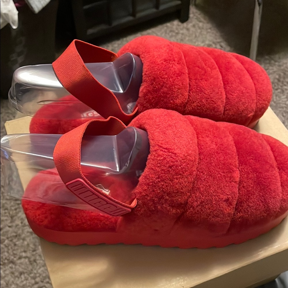 Red Fuzzy UGG Slippers with Strap